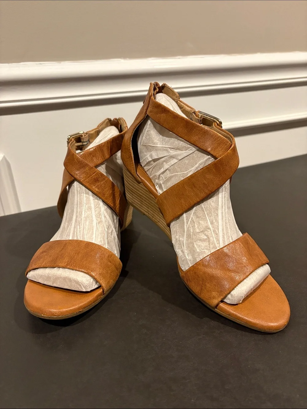 Sofft Tan Leather Crisscross Wedge Sandals